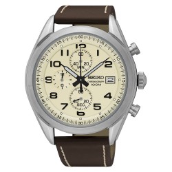 Mens Analogue Quartz Stainless Steel Watch with Beige Dial & Leather Belt